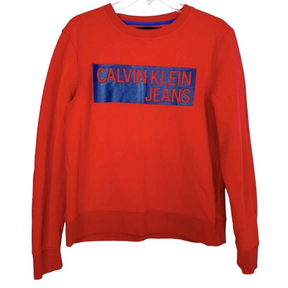 Calvin Klein Jeans Sweatshirt Women Medium Red Blue Logo Crew Neck Pullover
